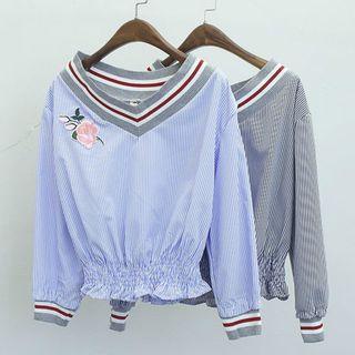Ribbed Trim Embroidery Pinstripe Top