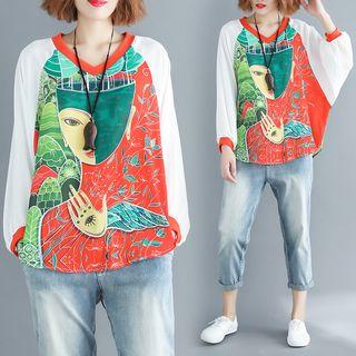 V-neck Printed Long-sleeve T-shirt Tangerine Red - One Size