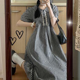 Short-sleeve Gingham Check Midi Shirt Dress