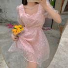 Short-sleeve Square-neck Floral Mesh Dress