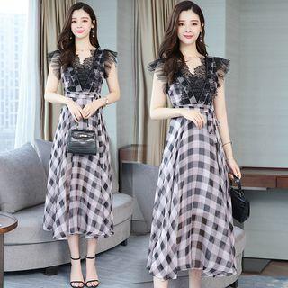 Lace Panel Sleeveless Plaid A-line Midi Dress
