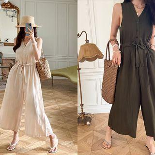 V-neck Sleeveless Shirtwaist Jumpsuit
