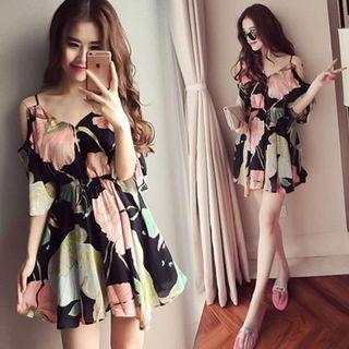 Elbow-sleeve Cold Shoulder Floral Mini Dress
