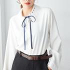 Bow Accent Lace Panel Long-sleeve Blouse Off-white - One Size