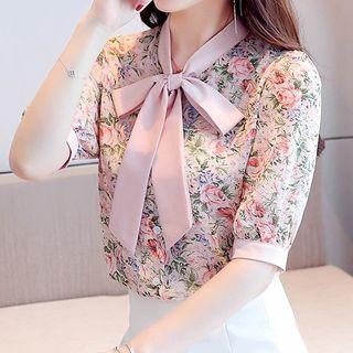 Floral Tie-neck Short-sleeve Blouse