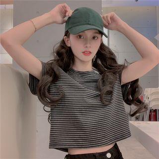 Striped Short Sleeve Cropped T-shirt Stripe - Gray & Black - One Size
