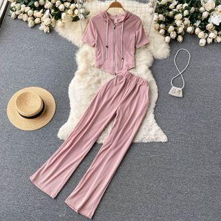 Set: Short-sleeve Zip-up Hoodie + Wide Leg Pants