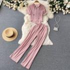 Set: Short-sleeve Zip-up Hoodie + Wide Leg Pants