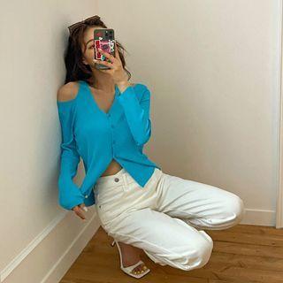 Slit-shoulder Ribbed Cardigan