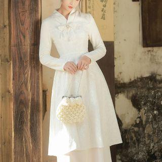 Long-sleeve Bow Lace Midi A-line Dress