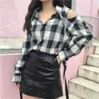 Set: Cut Out Shoulder Plaid Shirt + Faux Leather A-line Skirt