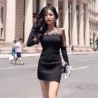 Long-sleeve Mesh Panel Mini Knit Sheath Dress Black - One Size