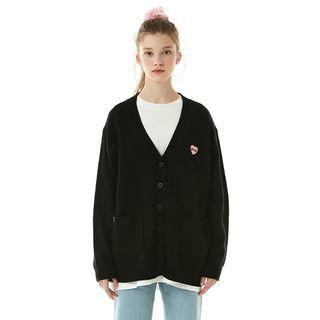 Heart-embroidered V-neck Cardigan Black - One Size