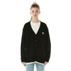 Heart-embroidered V-neck Cardigan Black - One Size