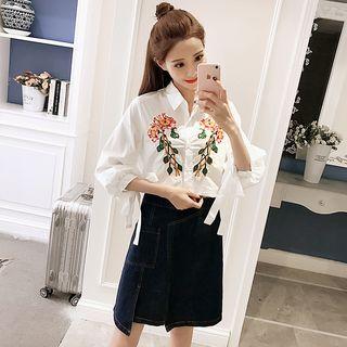 Set: Embroidered Blouse + Asymmetrical A-line Denim Skirt
