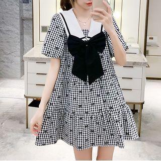 Bow Short-sleeve Sailor Collar Gingham A-line Dress