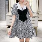 Bow Short-sleeve Sailor Collar Gingham A-line Dress