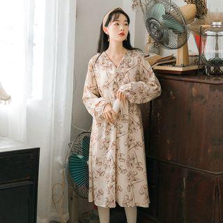 V-neck Floral Print Midi Dress Almond - One Size
