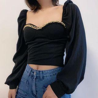 Long-sleeve Chain-accent Fitted Chiffon Crop Top