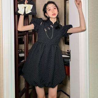 Puff-sleeve Stand-collar Cutout Chain Qipao Dress