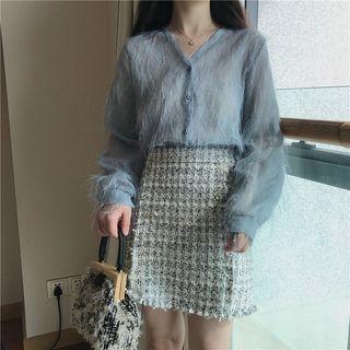 V-neck Fringed Long-sleeve Blouse