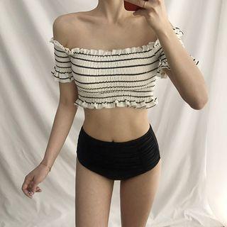 Striped Smocked Ruffled Bikini