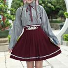 Set: Embroidered Stand Collar Shirt + Mini A-line Pleated Skirt