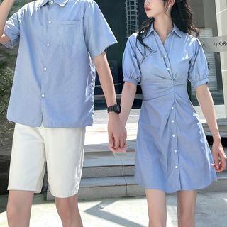 Couple Matching Elbow-sleeve Shirt / Mini A-line Shirtdress