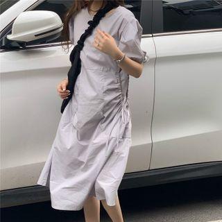 Puff-sleeve Midi A-line Dress Gray - One Size