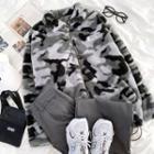 Camo Print Fleece Zip-up Jacket Camo Print - Black & Gray - One Size