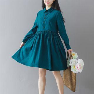 Frill Trim Printed Corduroy Shirtdress
