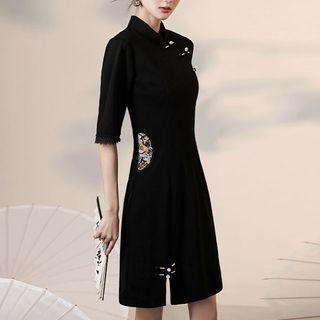 Elbow-sleeve Print Qipao Dress