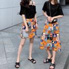 Short-sleeve T-shirt / A-line Printed Skirt / Short-sleeve Cold-shoulder T-shirt
