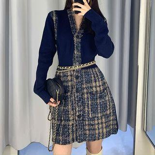 Set: V-neck Knit Plaid Panel Dress