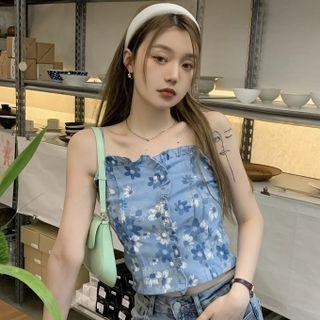 Spaghetti Strap Floral Print Top / Short-sleeve Mini A-line Dress