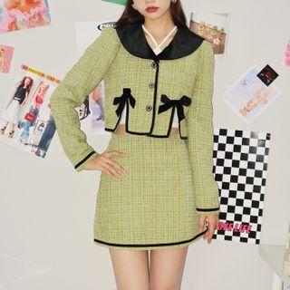 Long-sleeve Lapel Tweed Bow Jacket / Plain Velvet Flower Trim Short Skirt