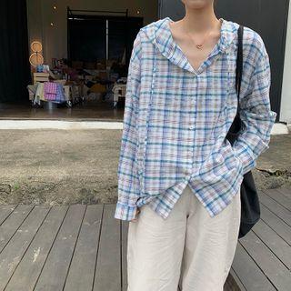 Hooded Plaid Shirt Blue & Coffe Plaid - White - One Size