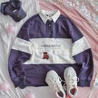 Two-tone Bear Embroidered Long-sleeve Polo Shirt As Shown In Figure - One Size