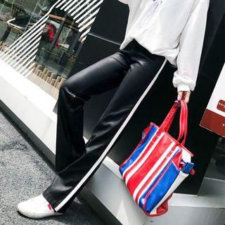 Faux-leather Striped Trim Straight-leg Pants
