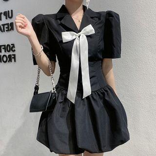 Short-sleeve Lapel Bow-front Mini A-line Dress