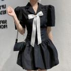Short-sleeve Lapel Bow-front Mini A-line Dress