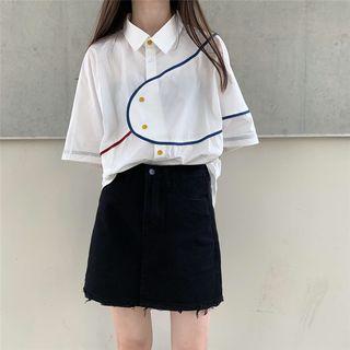 3/4-sleeve Contrast Trim Shirt / Frayed Hem A-line Mini Denim Skirt