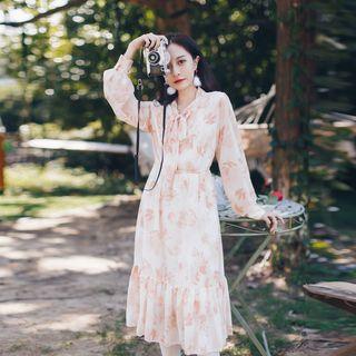 Flower Print Long-sleeve Ruffle Hem Midi Chiffon Dress