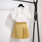 Collared Short-sleeve Blouse / Pleated Mini A-line Skirt / Set