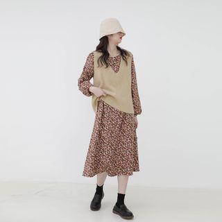 Floral A-line Midi Dress / V-neck Plain Vest
