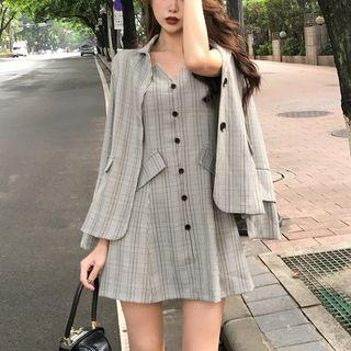 Set: Plaid Blazer + Spaghetti Strap A-line Mini Dress