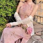 Sleeveless Floral Slit Midi Sheath Dress / Cardigan / Set