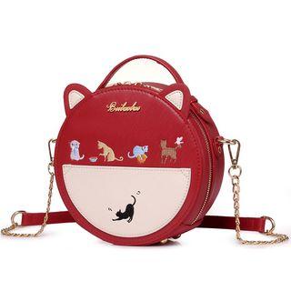 Cat Embroidered Faux Leather Round Crossbody Bag