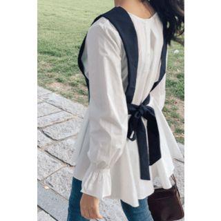 Set: Tie-back Vest + Peplum Blouse Black & White - One Size