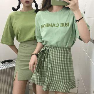 Set:short-sleeve Printed T-shirt + Bow Gingham A-line Skirt